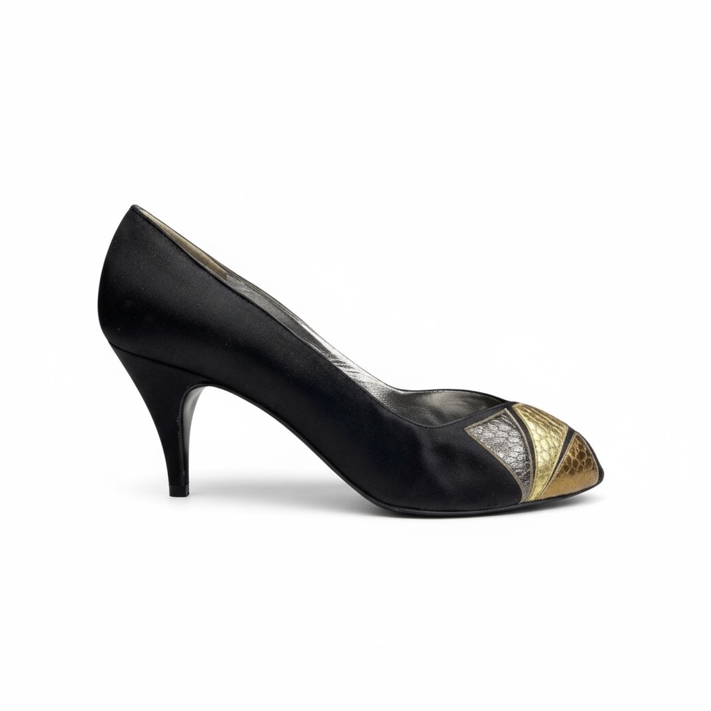 Vintage: Bruno Magli Metallic Patchwork Peep Toe Pumps Black Satin